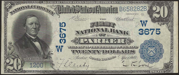 1902 $20 Blue Seal National Bank Note from Parker, South Dakota