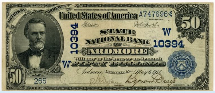 1902 $50 Blue Seal National Bank Note from Ardmore, Oklahoma