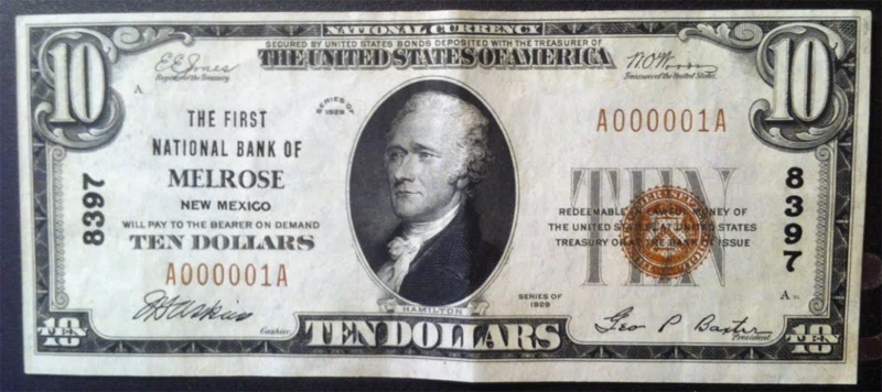 1929 $10 National Bank Note from Melrose, New Mexico
